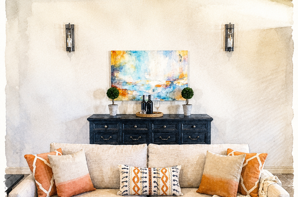 Timeless living room with neutral sofa, orange accents, colorful artwork, and layered furnishings designed by Diva by Design League City and Galveston interior designer