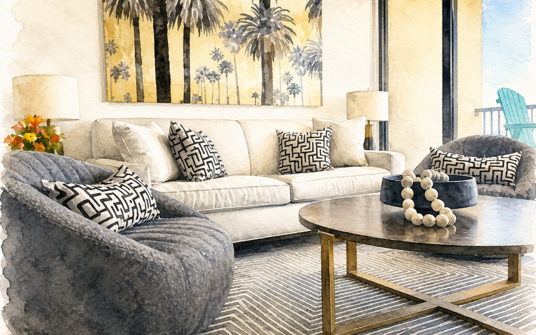 Architectural watercolor rendering of a coastal beach house living room featuring a neutral sofa, curved lounge chairs, tropical artwork, and layered textures with an ocean-view balcony