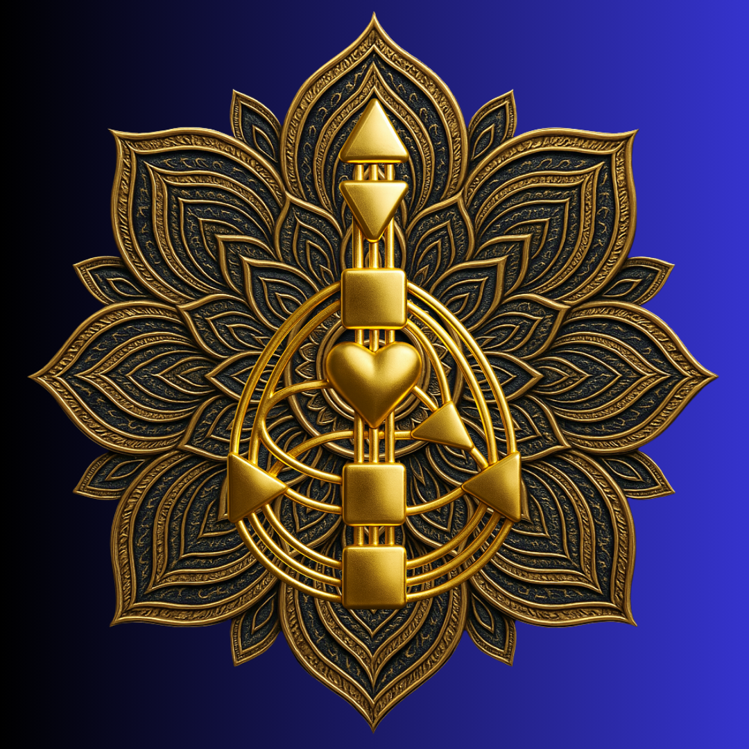 navy blue background with gold mandala behind a gold human design chart symbol 