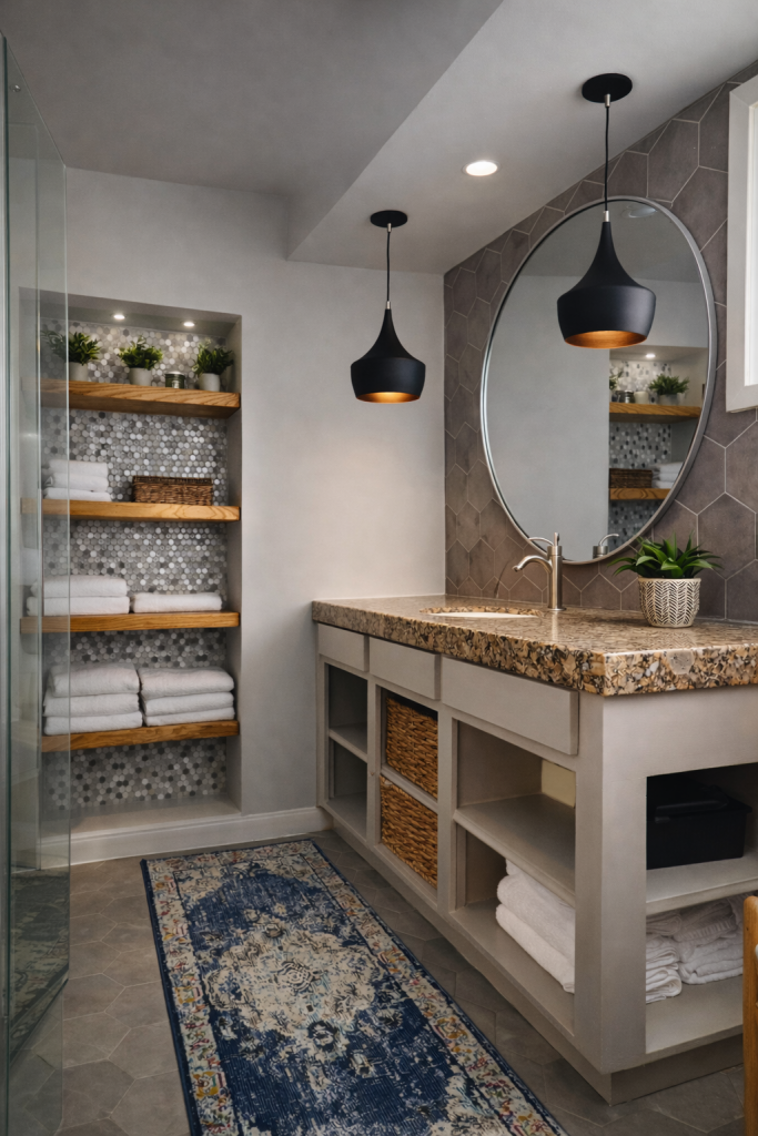 Modern luxury bathroom renovation in Houston featuring a custom vanity with stone countertop, oval mirror, black pendant lighting, built-in wood shelving with mosaic tile backdrop, and styled open storage creating a calm, elevated, spa-like space.