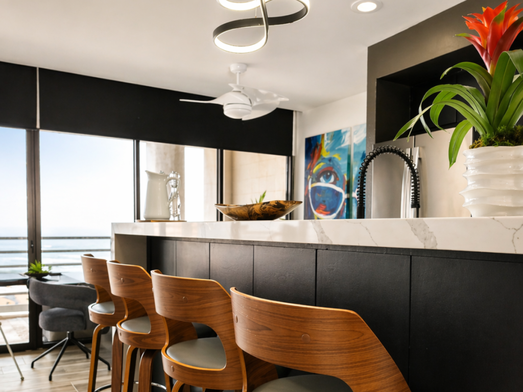 calm coastal kitchen with white walls and natural light