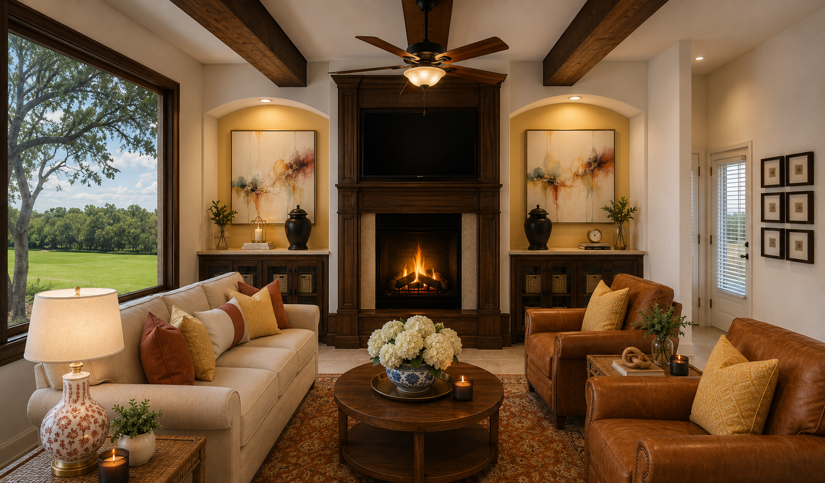 Luxury living room interior design featuring custom built-ins, wood beams, caramel leather seating, layered styling, and views of a golf course