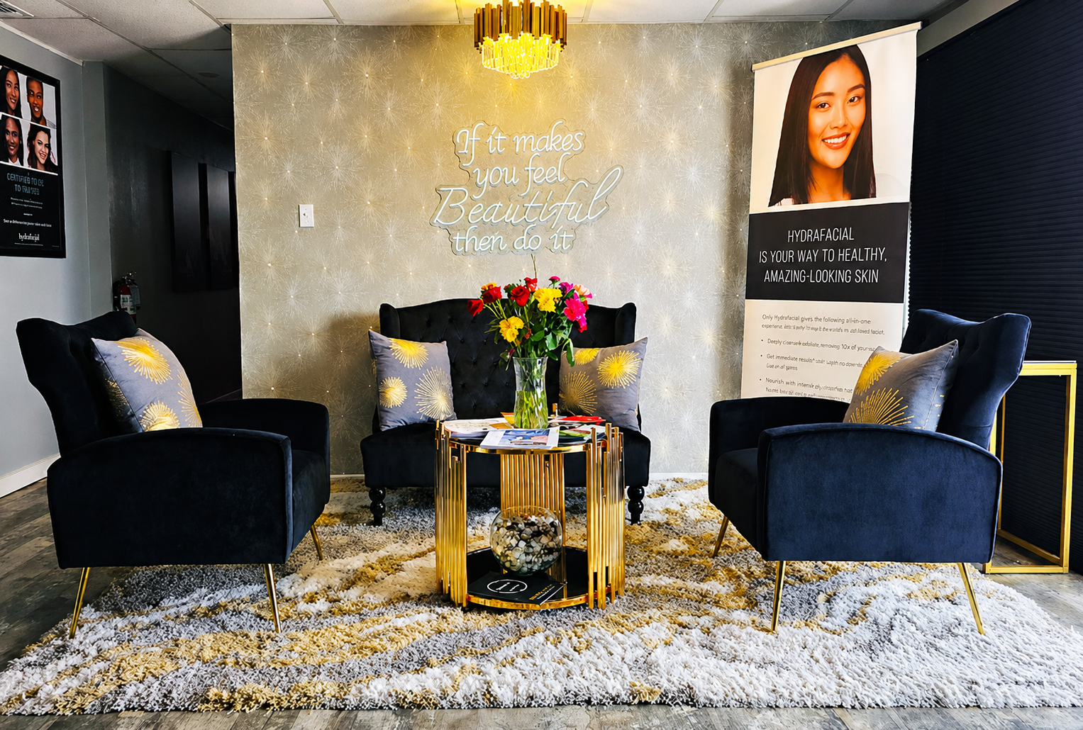 modern glam style black and gold wellness spa reception seating area