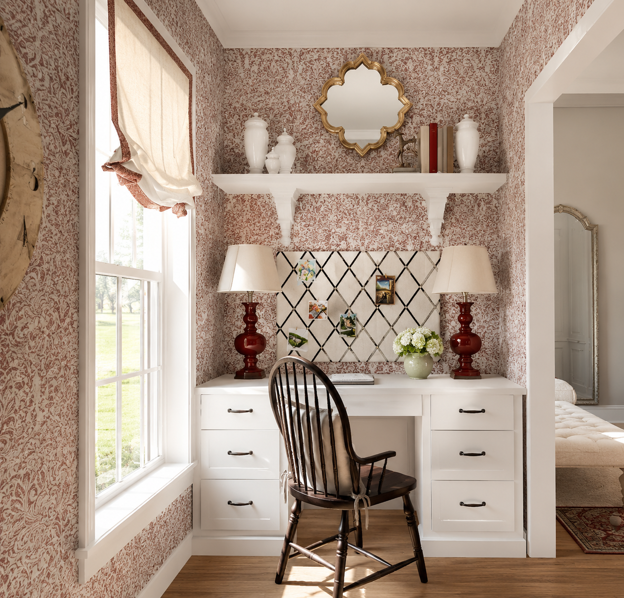 peaceful desk nook with red and white wallpaper Diva by Design