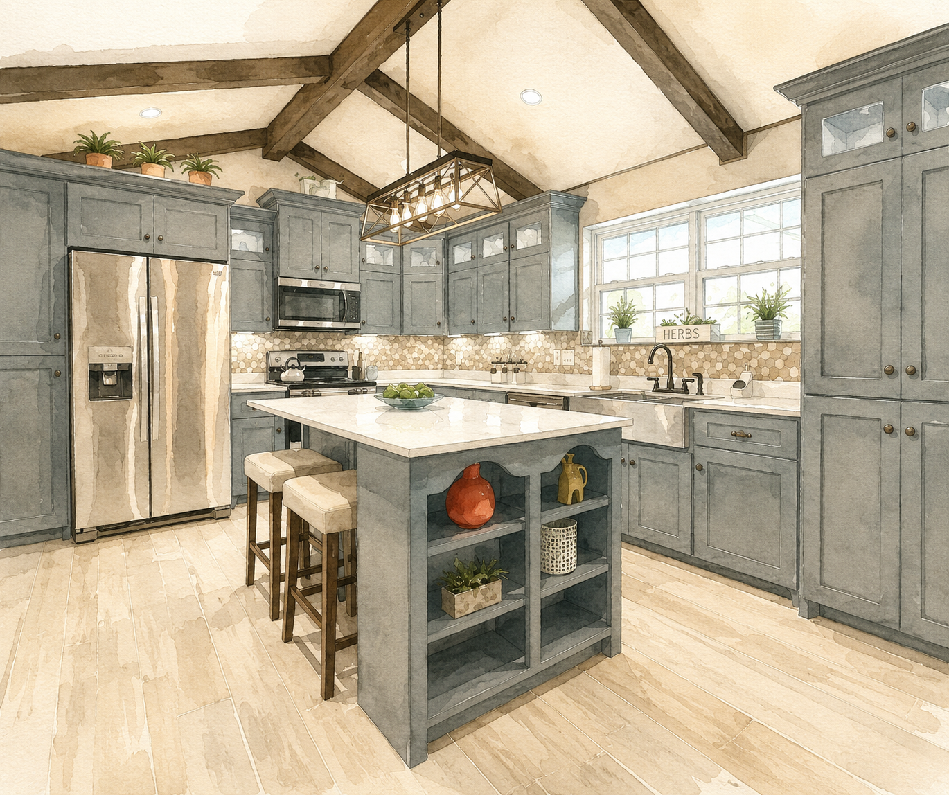 Conceptual watercolor rendering of a custom kitchen design used during the interior design planning process