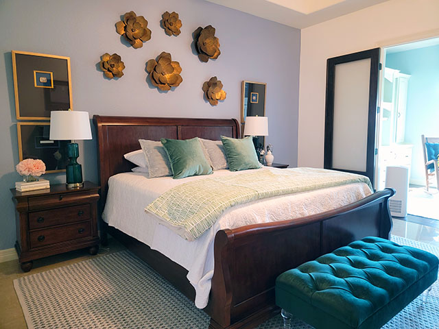 intentionally designed primary bedroom in calming blue and green colors Diva by Design