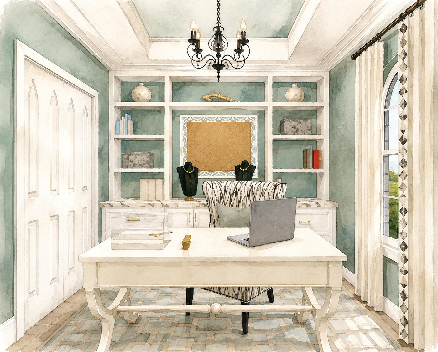 Conceptual watercolor rendering of a luxury home office used during the interior design planning process