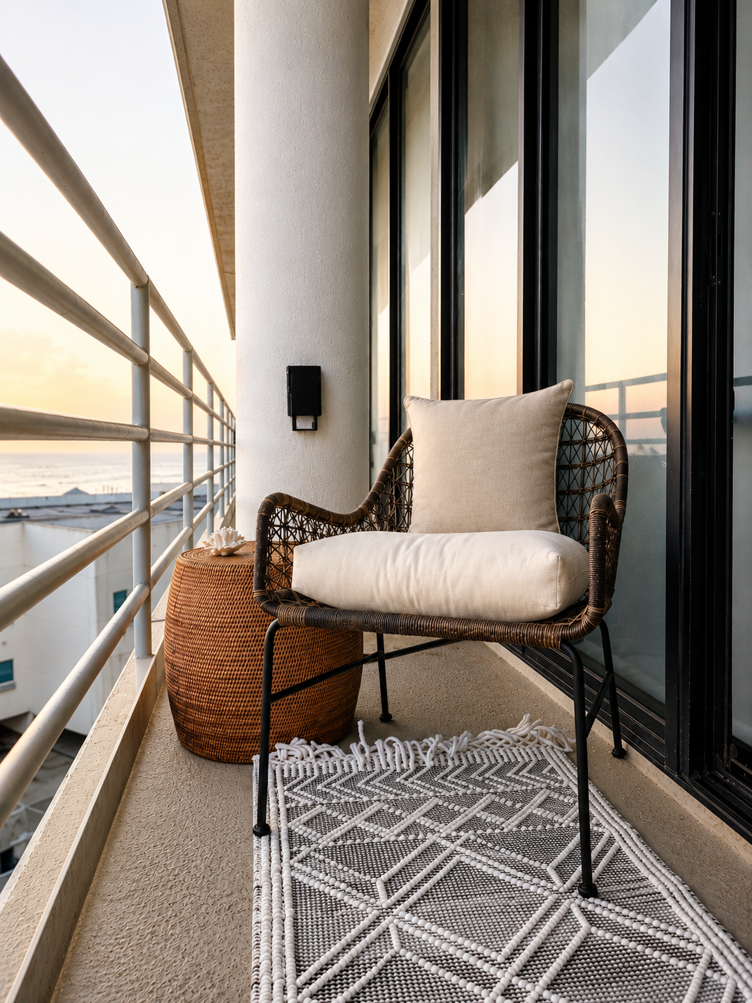 Modern coastal condo balcony with a woven accent chair, geometric outdoor rug, rattan side table, and ocean-view seating designed for relaxed waterfront living