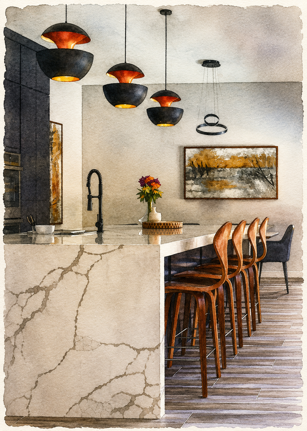 Architectural watercolor rendering of a modern kitchen featuring a dramatic waterfall quartz island, sculptural wood bar stools, black-and-copper pendant lights, contemporary artwork, and warm layered finishes