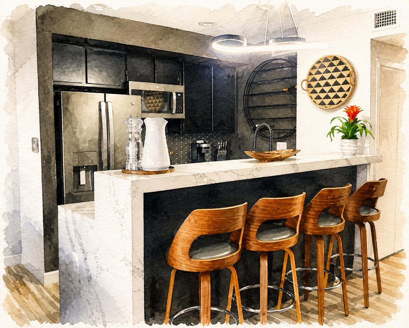 Architectural watercolor rendering of a modern coastal beach house kitchen featuring a waterfall quartz island, black cabinetry, warm wood bar stools, and contemporary finishes