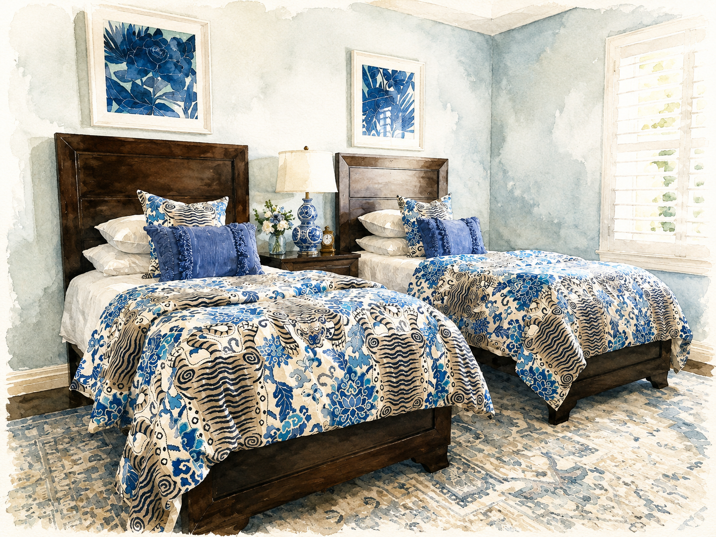 Timeless guest bedroom with bold blue patterned bedding, dark wood furniture and coordinating artwork designed by Diva by Design