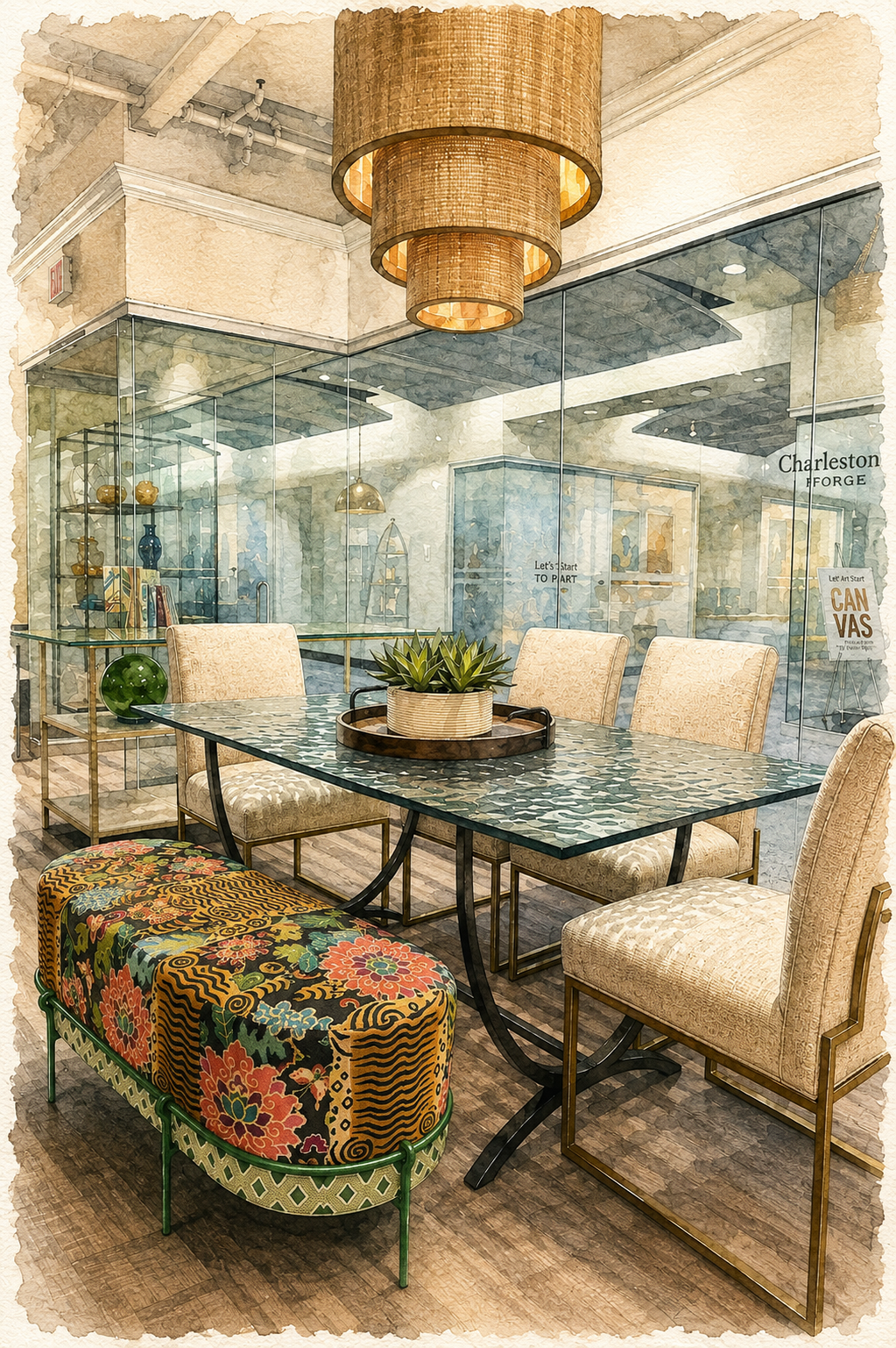 Architectural watercolor rendering of a custom tiger-and-floral upholstered bench displayed with contemporary dining furniture in the Charleston Forge showroom in Las Vegas