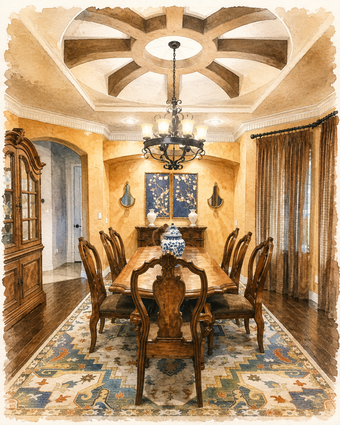 Architectural watercolor rendering of an elegant traditional dining room featuring a sculptural coffered ceiling, wrought-iron chandelier, carved wood furnishings, blue-and-white porcelain, and a richly patterned area rug