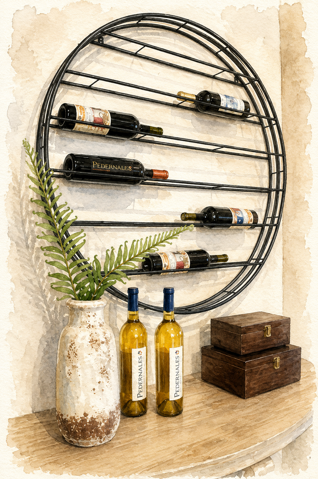 Architectural watercolor rendering of a modern wine display featuring a circular black metal wine rack, decorative bottles, rustic pottery with greenery, and stacked wooden boxes