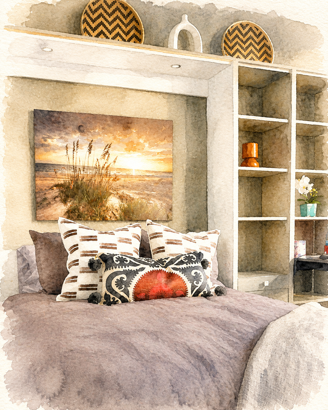 Architectural watercolor rendering of a cozy coastal beach house bedroom featuring custom built-in shelving, layered bedding, and a beach sunset artwork above the bed