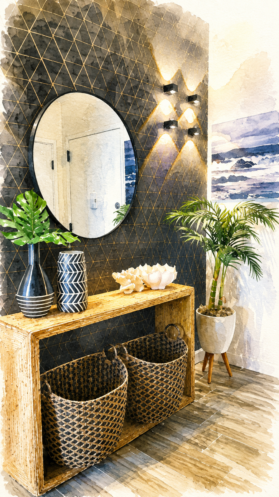Architectural watercolor rendering of a coastal beach condo entryway featuring a geometric accent wall, round mirror, woven console table, tropical greenery, and layered natural textures