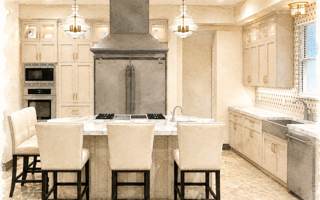 Luxury watercolor rendering of a thoughtfully planned kitchen remodel featuring a marble island, ivory bar stools, custom cabinetry, statement lighting, and integrated appliances