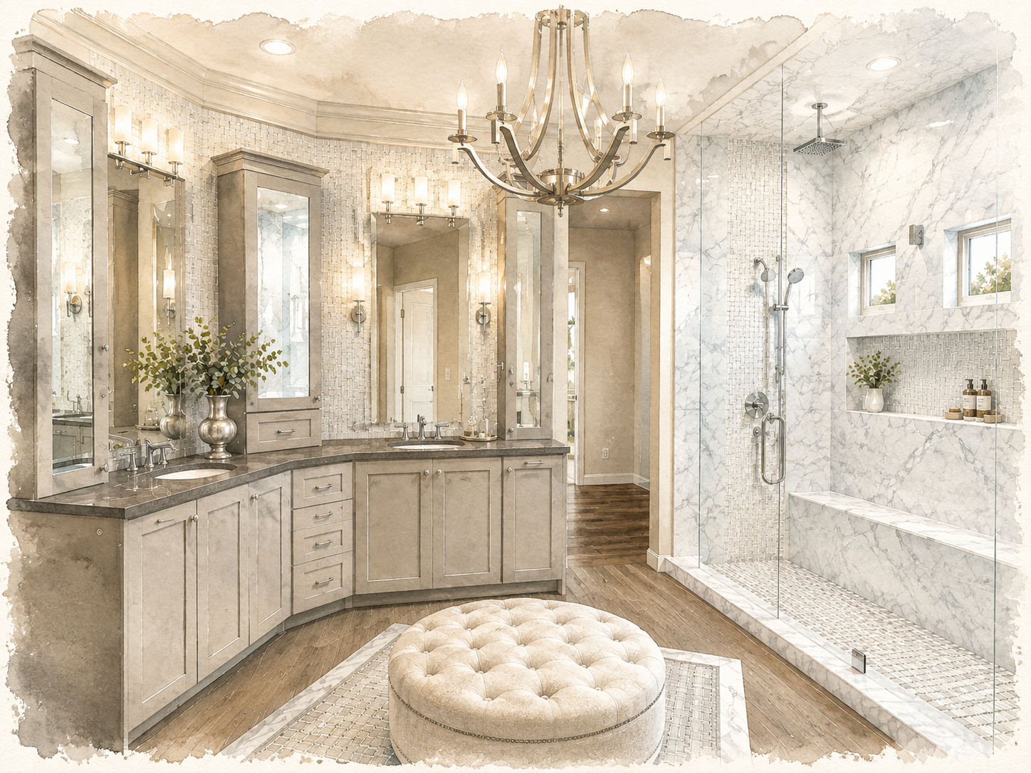 Watercolor rendering of a custom primary bathroom remodel by Diva by Design