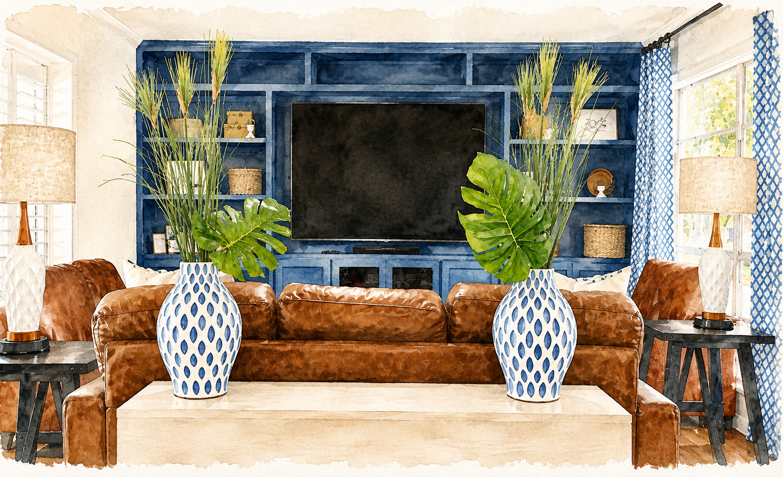 Custom blue built-in entertainment center adding architectural character to a timeless living room designed by Diva by Design
