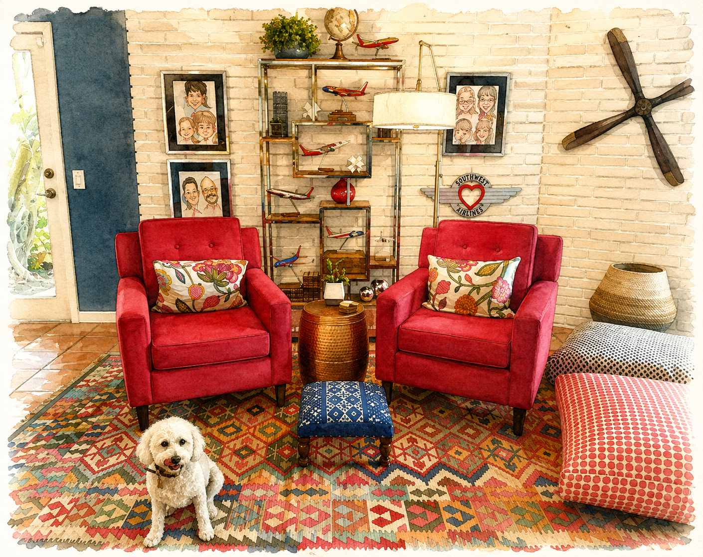 Mid-Century Modern sitting area with colorful furnishings and custom coordinating dog beds designed by Diva by Design