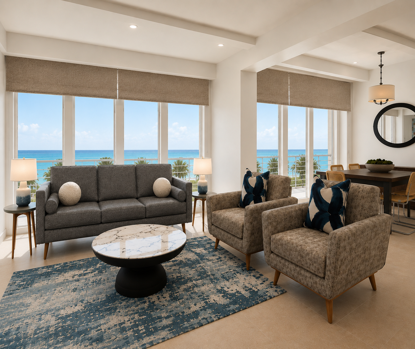 Mid-century modern beach condo living room designed by Diva by Design in Texas, with ocean views, blue accents and warm neutral furnishings