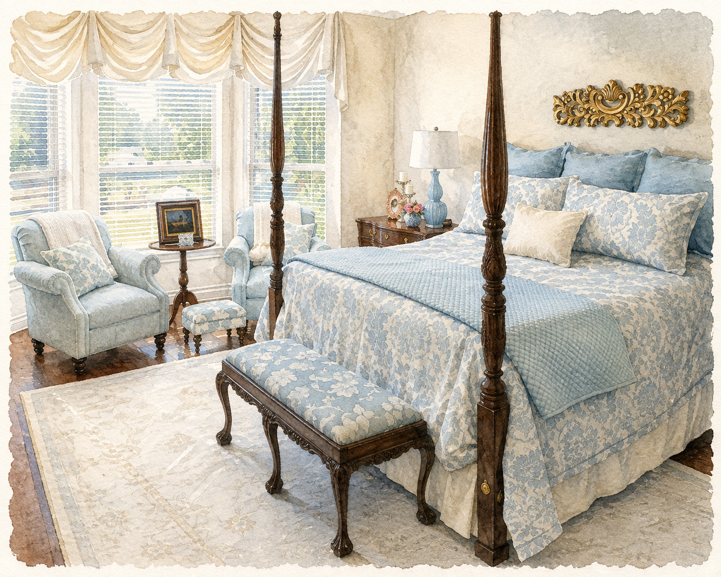 Timeless blue bedroom with custom upholstery, bedding and window treatments designed by Diva by Design