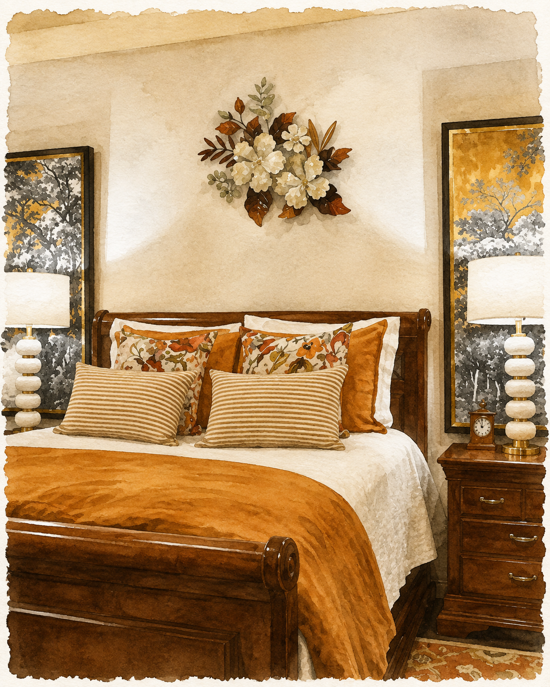 Timeless bedroom design with warm caramel accents, dark wood furniture, floral textiles and coordinating artwork by Diva by Design