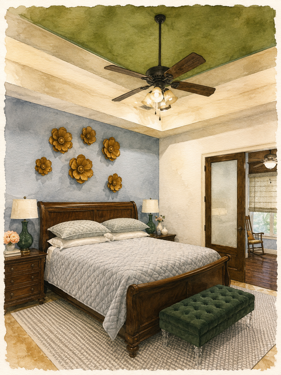 Architectural watercolor rendering of a primary bedroom featuring a custom Diva’s Dream green tray ceiling, dark wood sleigh bed, blue-gray accent wall, bronze floral wall art, emerald tufted bench, and layered neutral bedding
