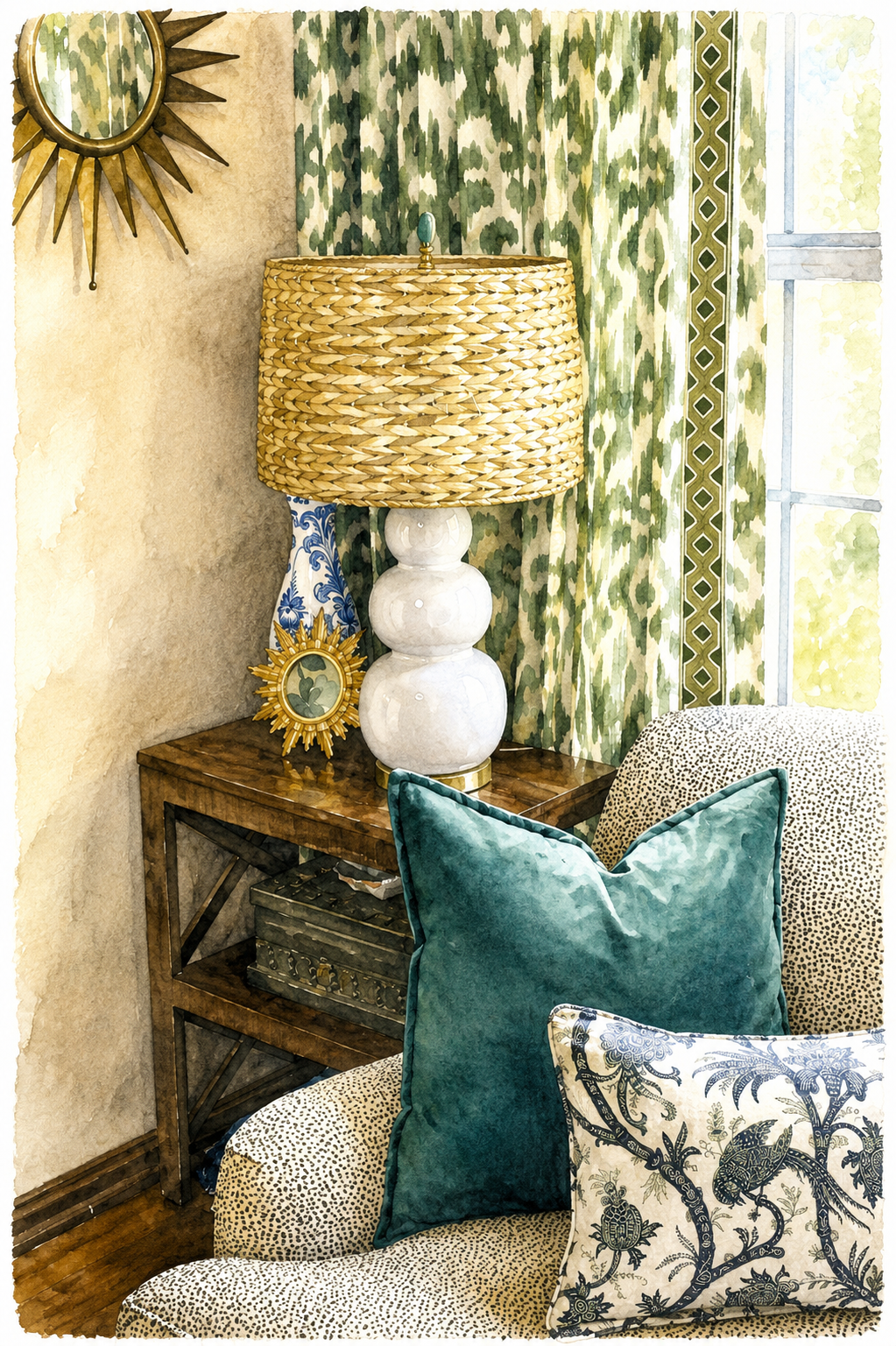 Layered patterns and textures with custom patterned window treatments, woven lamp shade, velvet and patterned upholstery in a Diva by Design interior