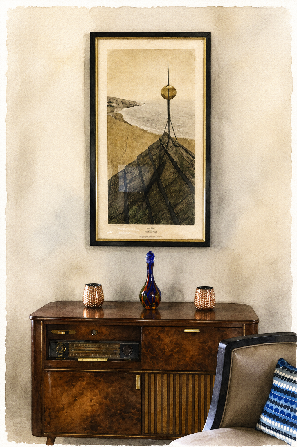 Vintage radio cabinet paired with contemporary furnishings and accessories in a timeless interior by Diva by Design