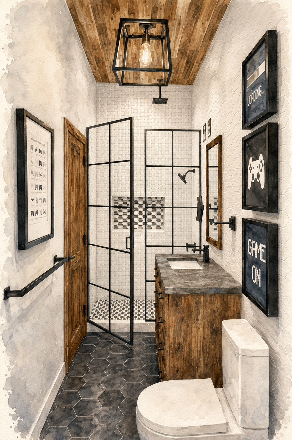 Interior design rendering of a boy’s bathroom remodel with a walk-in shower, black-framed glass, wood vanity and black hex tile