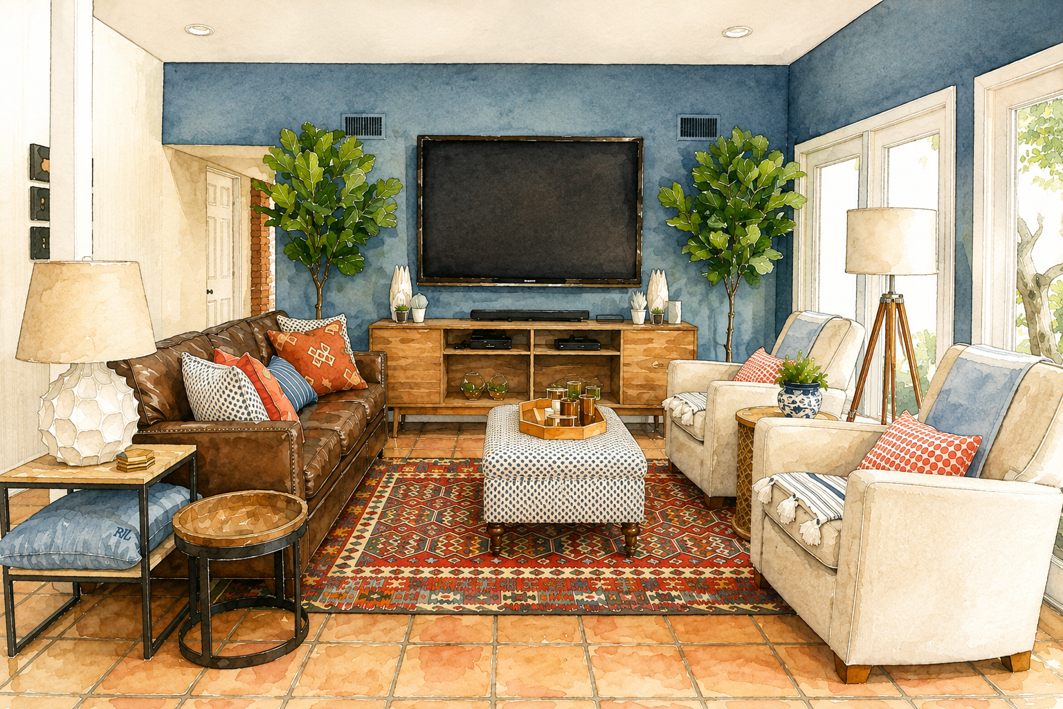 Timeless living room designed by Diva by Design with a leather sofa, upholstered chairs, patterned rug and warm wood furnishings