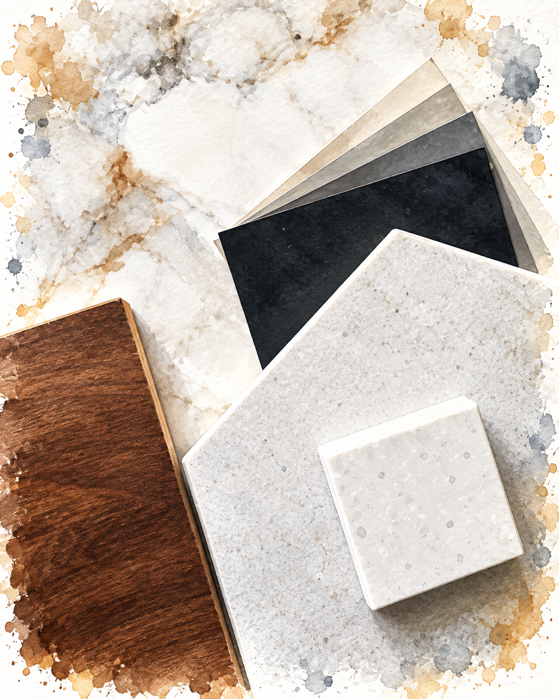 Watercolor rendering of coordinated countertop, cabinet, paint, and wood finish samples representing interior designer finish selection services