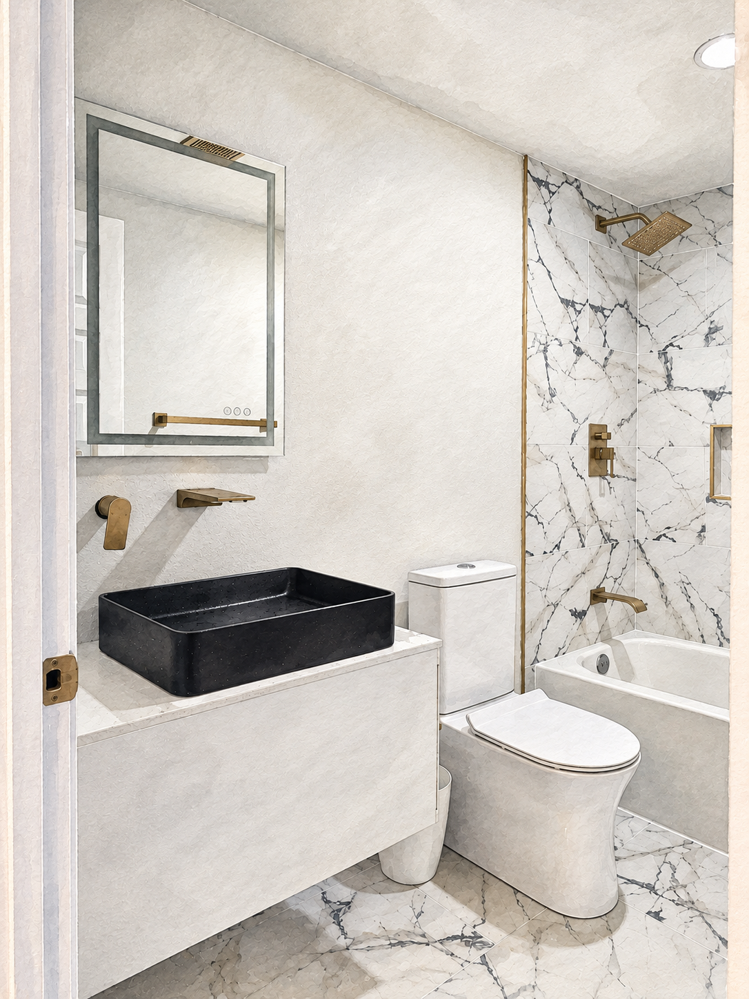Watercolor rendering of a bathroom remodel already underway, showing installed tile and fixtures while the vanity awaits its countertop