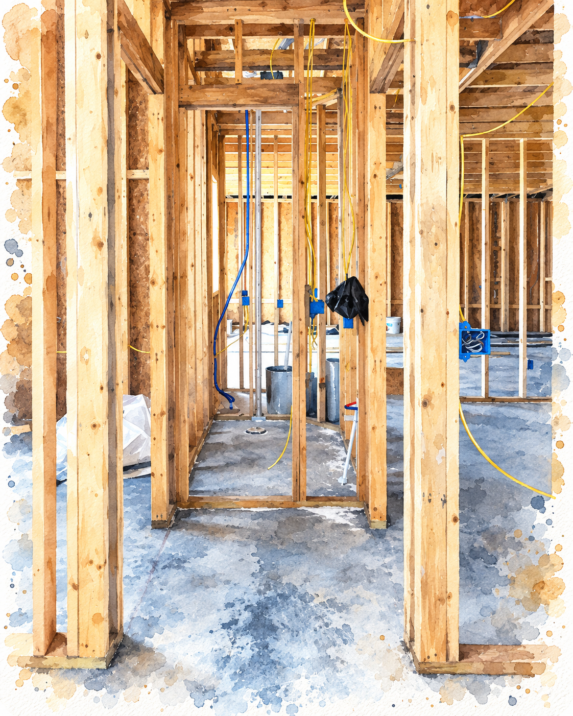 Watercolor rendering of a new home under construction during the framing stage, illustrating when to hire an interior designer for a new build