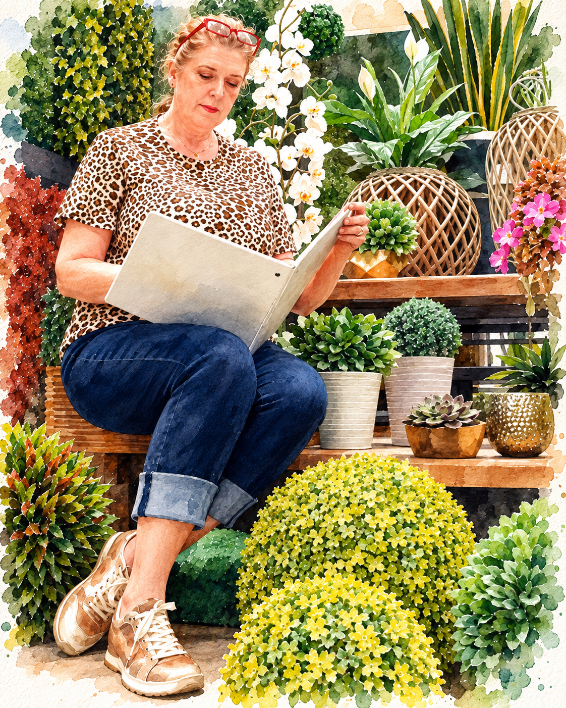Watercolor illustration of an interior designer reviewing design selections, representing when homeowners should hire an interior designer for a remodel