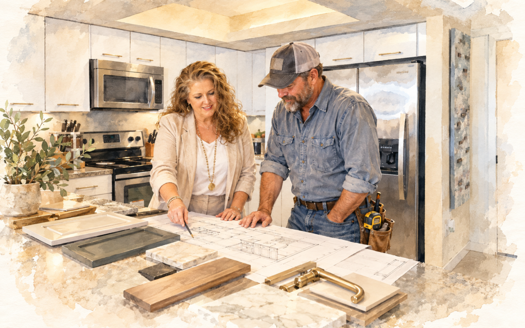 Watercolor illustration of Christina Rodriguez of Diva by Design reviewing kitchen remodel plans and material selections with a contractor.