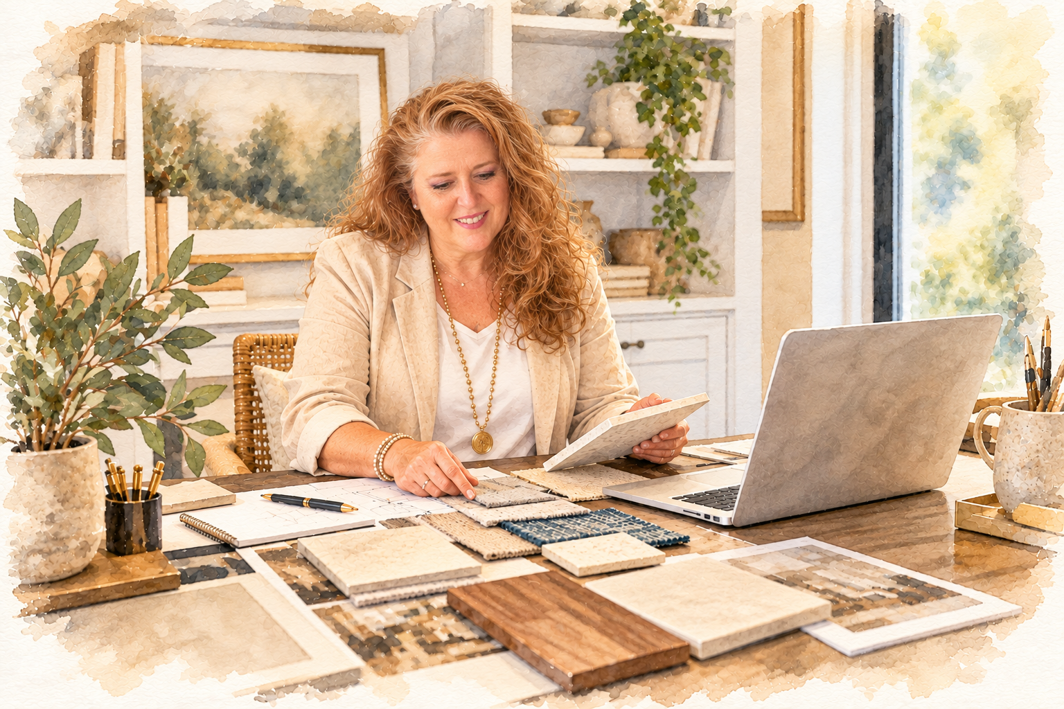Christina Rodriguez of Diva by Design reviewing material and finish samples with plans and a laptop for an interior design project