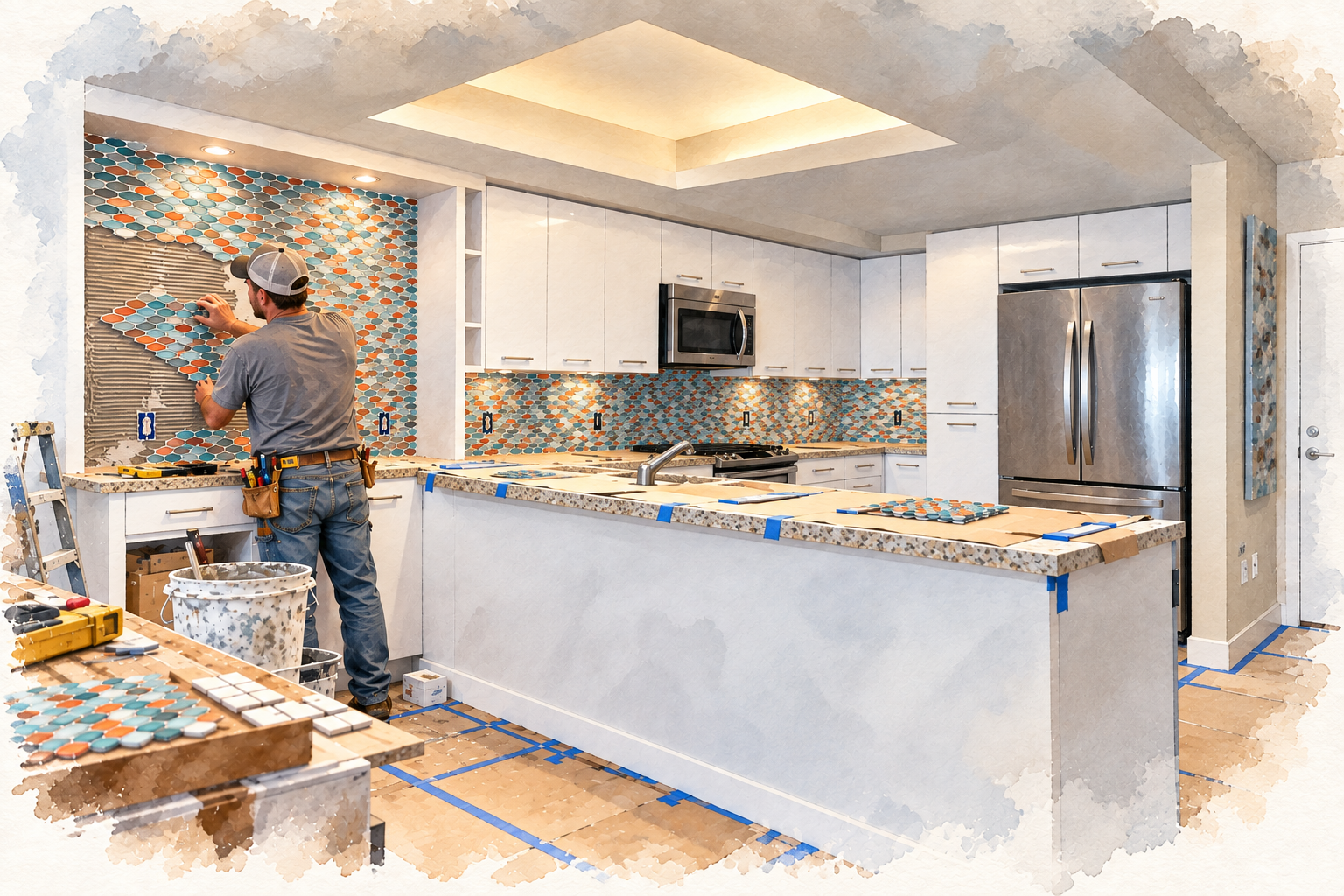 Watercolor illustration of a contractor installing colorful backsplash tile during a kitchen remodel designed by Diva by Design