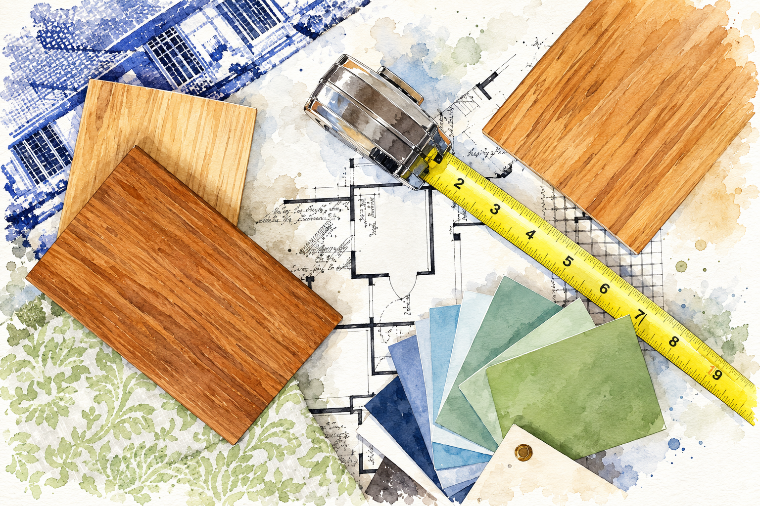 Watercolor illustration of interior design selections featuring wood finish samples, blue and green color swatches, patterned fabric, architectural floor plans, and a measuring tape