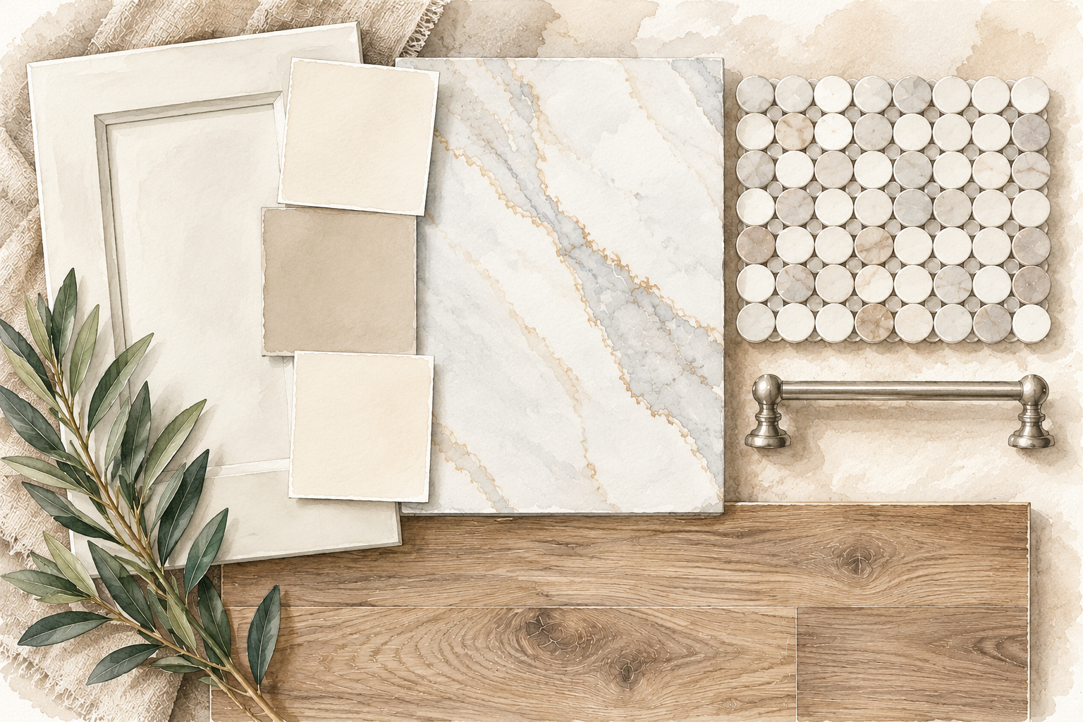 Watercolor illustration of a luxury kitchen design materials board featuring neutral paint colors, marble-look countertops, mosaic tile backsplash, brushed nickel cabinet hardware, and wood flooring