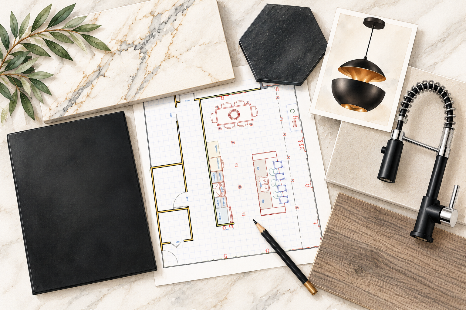 Watercolor illustration of a luxury kitchen design floor plan surrounded by Calacatta Gold quartz, black hexagon backsplash tile, matte black cabinetry, pendant lighting, faucet, and flooring samples