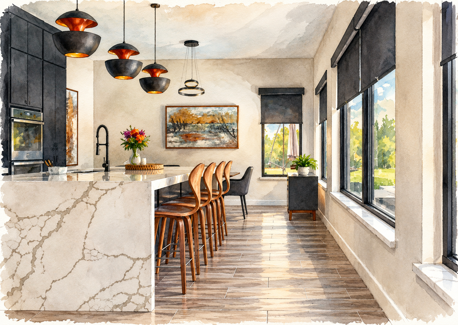Watercolor illustration of a luxury modern kitchen designed by Diva by Design, featuring dark cabinetry, a marble waterfall island, sculptural pendant lighting, wood bar stools, and expansive windows