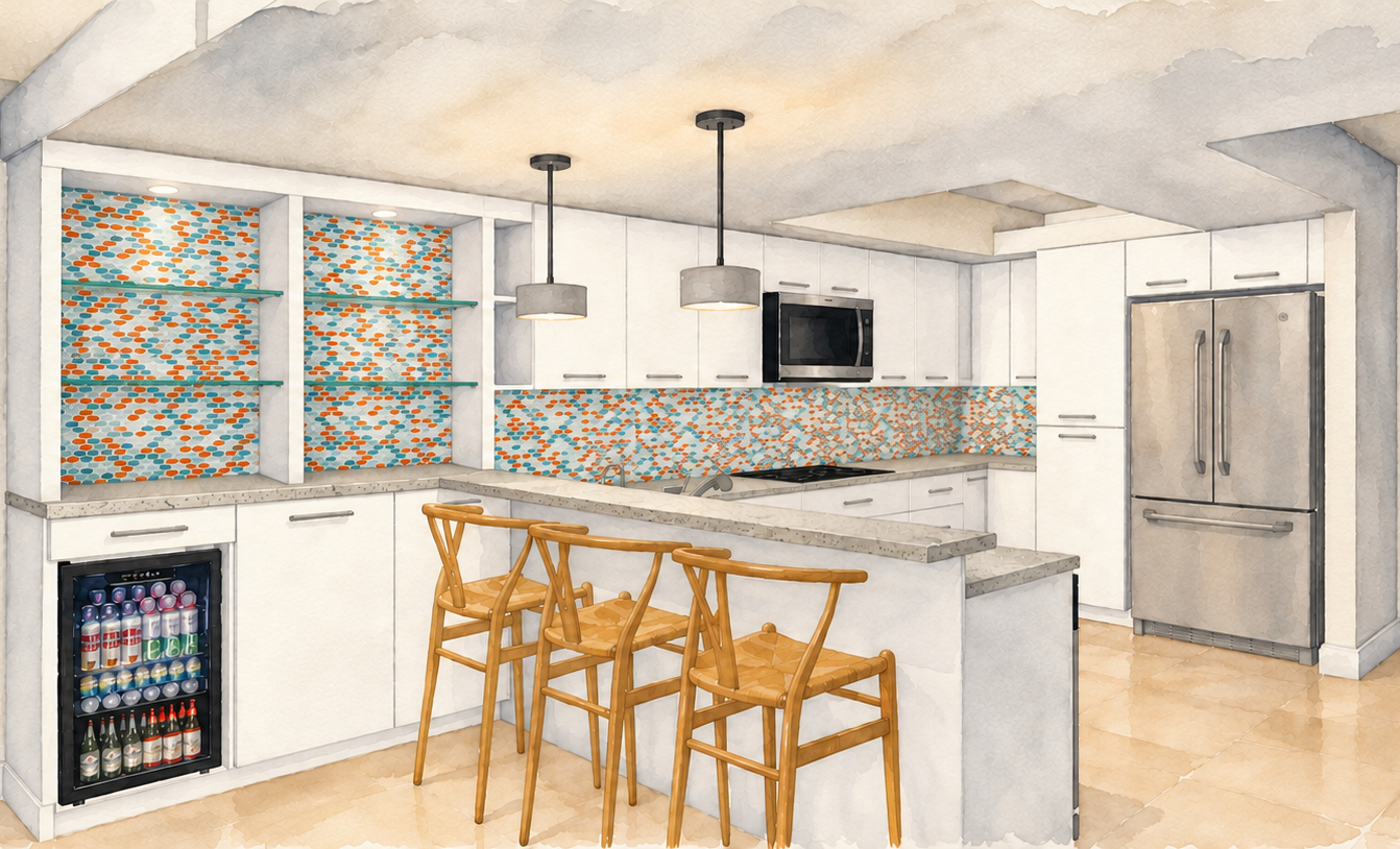 Watercolor rendering of a Mid-Century kitchen remodel designed by Christina Rodriguez of Diva by Design, featuring white slab cabinetry, colorful glass mosaic tile and a raised bar