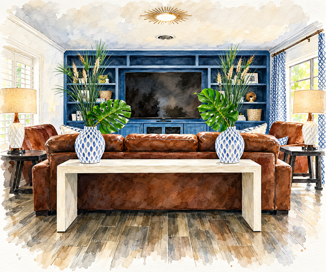 Watercolor illustration of a Diva by Design living room project, featuring deep blue built-in cabinetry, brown leather seating, and blue-and-white decorative accents