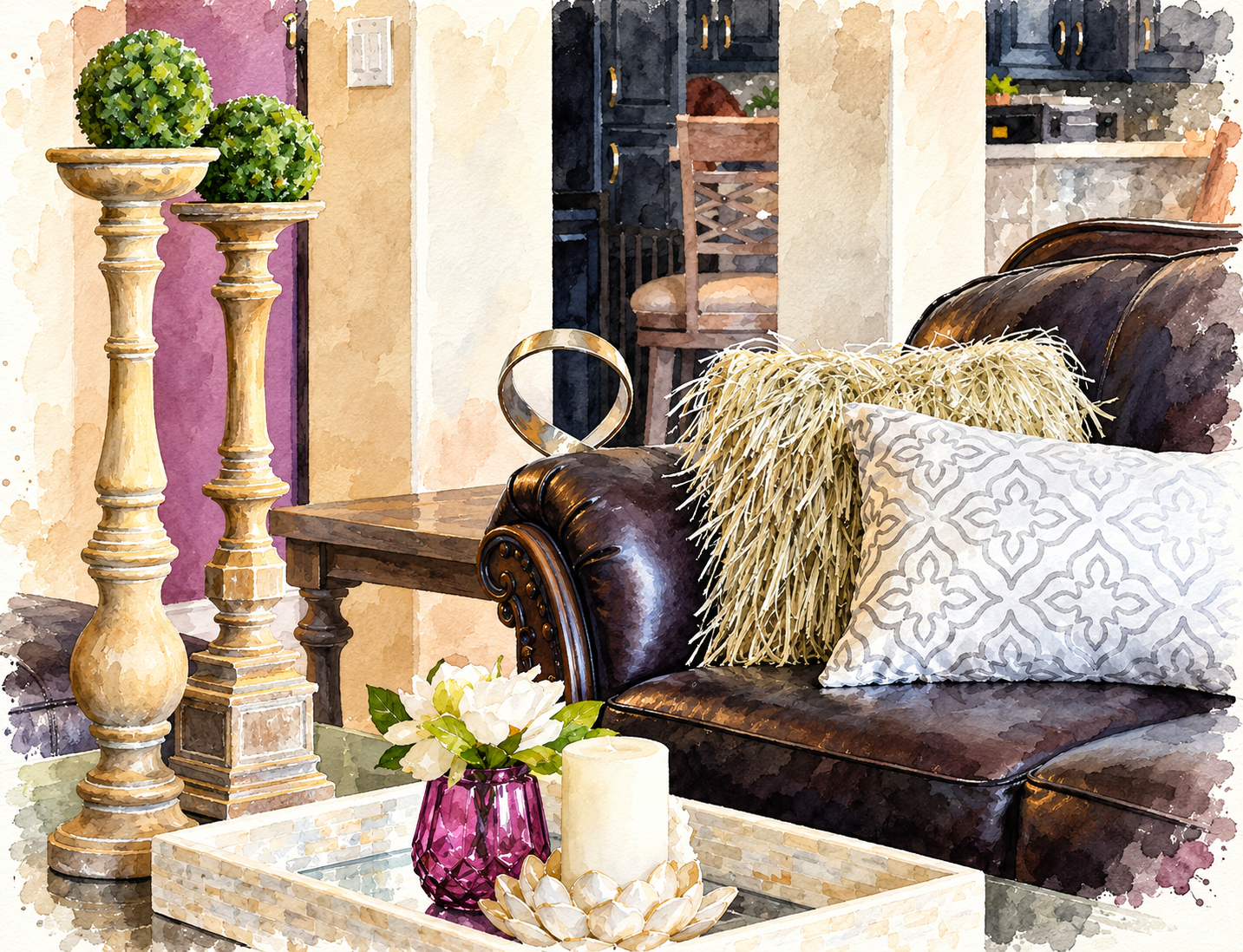 Watercolor illustration of a Diva by Design living room featuring a dark leather sofa, textured pillows, decorative topiaries, and a coffee table styled with flowers and accessories