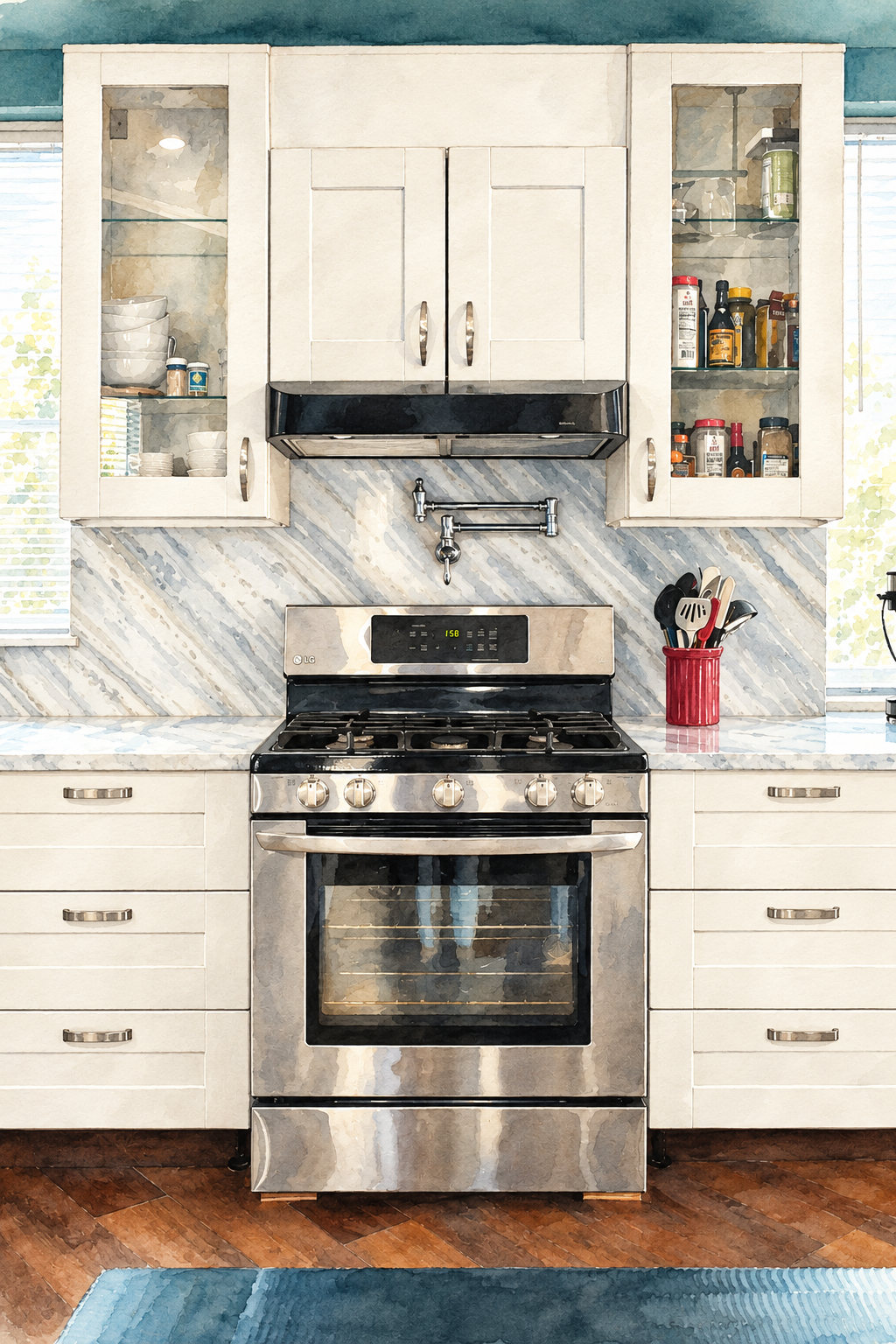 AI-generated watercolor illustration of a Diva by Design client kitchen featuring white Shaker cabinets, glass-front upper cabinets, marble backsplash, stainless steel range, and pot filler